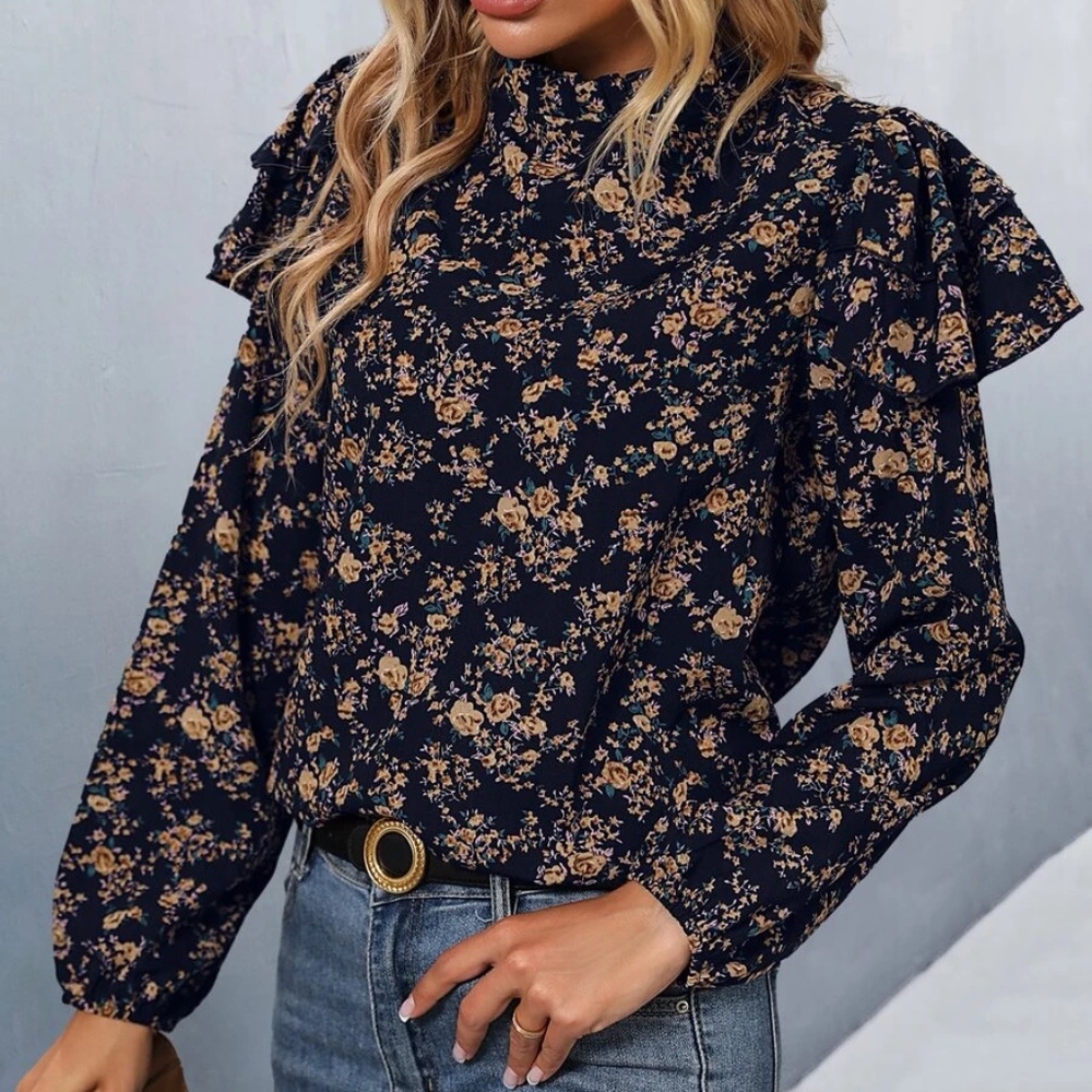 Boho Floral Print Ruffle Cottagecore Blouse - Picture 1 of 4